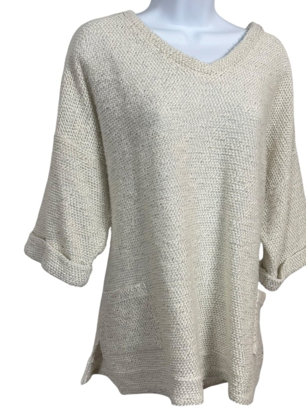 Robert Louis Women's XL Cream Textured Knit Sweater Top V Neck Pockets